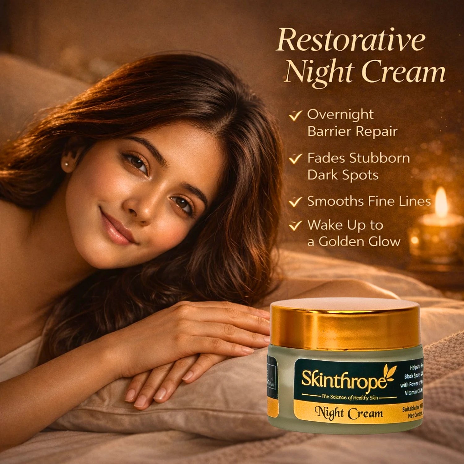 Skinthrope Restorative Night Cream benefits infographic: Featuring Overnight Barrier Repair, Fading Stubborn Dark Spots, Smoothing Fine Lines, and Golden Glow with Kumkumadi, Kojic Acid and Vitamin C.